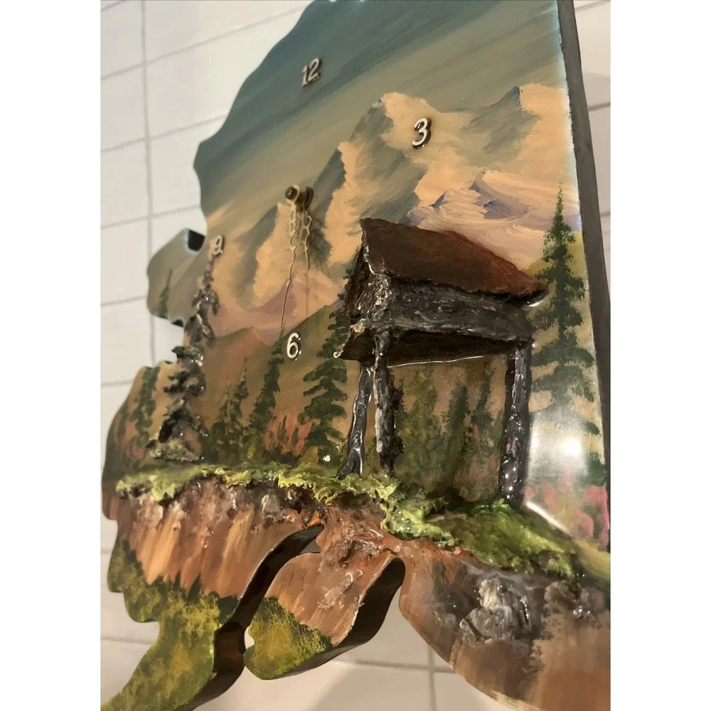 Vintage 1979‎ Alaska Shaped 3D Hand Painted Signed Wood Clock Art Sculpture READ